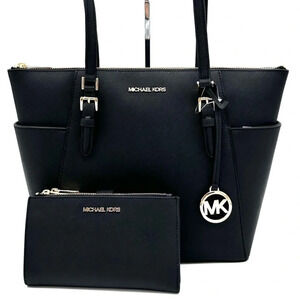 Michael Kors Large Charlotte Tote Bag & Large Double Zip Wallet Black (NWT)